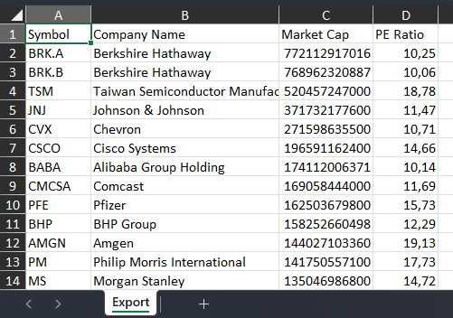 Excel export