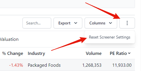 Reset screener settings